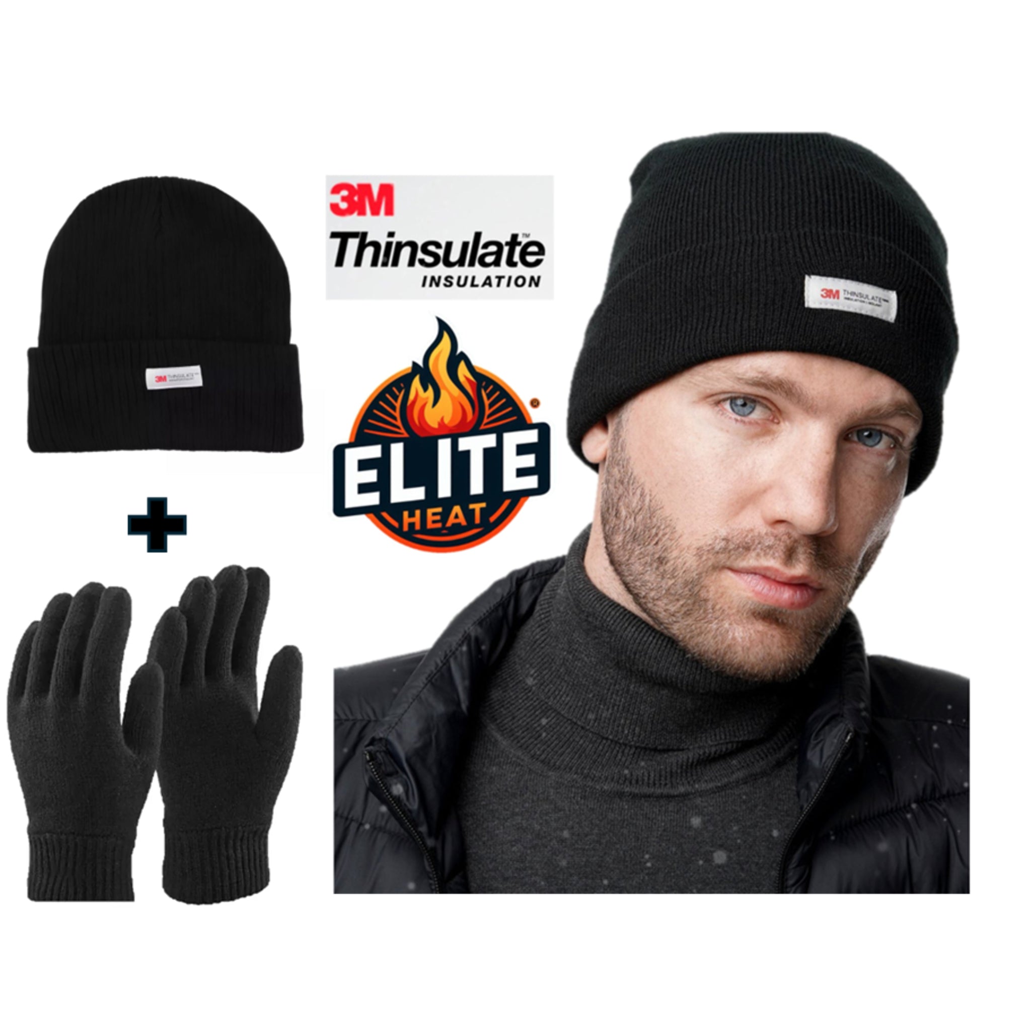 Men's Elite Heat Thinsulate black winter hat and gloves set, thermal insulation for warmth, cold weather accessory gift set
